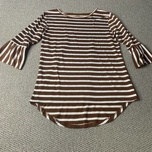 Tickled Teal Womens Blouse‎ Shirt Size Medium Brown/White Striped Bell Sleeves